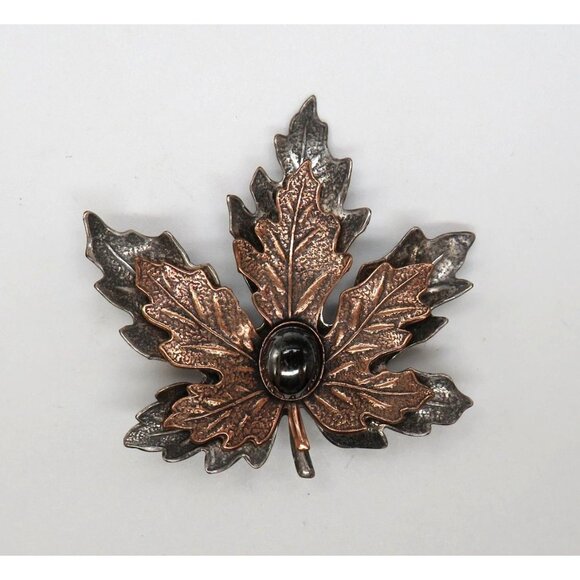 Maple Leaf Brooch 2" Pin Imitation Hematite Center Copper Silver Tone Metals - Picture 4 of 12